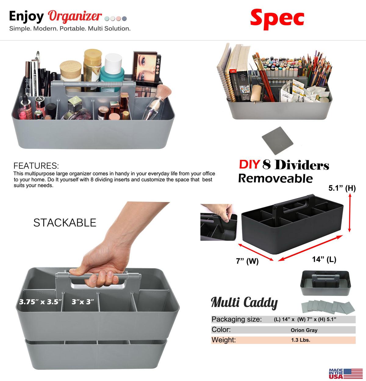 Enjoy Organizer - Large Portable Compartment Divided Storage Caddy - Made In USA